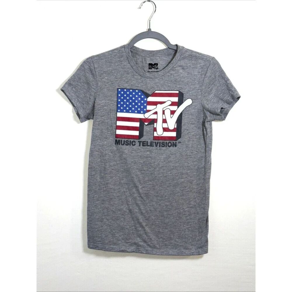 MTV Television Men’s Short Sleeve T-shirt American Flag Logo Size XS Gray